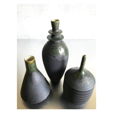 SHIPS NOW-  3 Large Stoneware Ceramic Vases Glazed In Slate Matte Black with Green Flashing by Sara Paloma Pottery 
