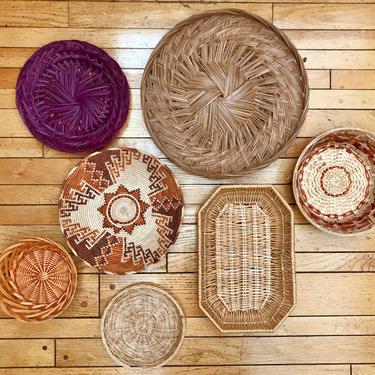 Wall Basket Collection! Woven VINTAGE Wicker Baskets Trays Bowls, Set of 7, Neutral Natural Boho Wall Decor 