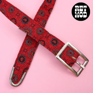 Nice Vintage Red Paisley Skinny Belt with Silver Buckle 