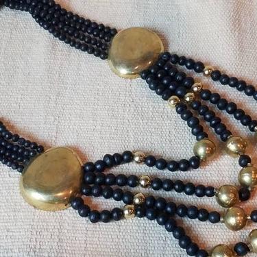 Black brass necklace with multi bead deco,1970's 