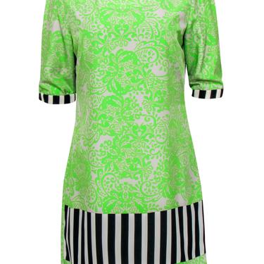 Yoana Baraschi - Neon Green & Grey Bohemian Print Shift Dress w/ Striped Trim Sz 8