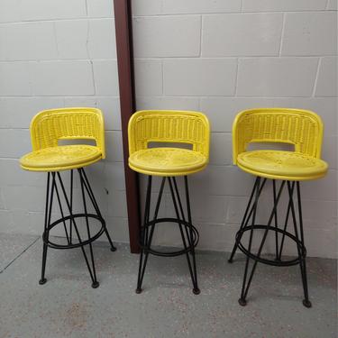 Set of 3 Vintage Modern Swivel Wicker and Wrought Iron Bar Stools 