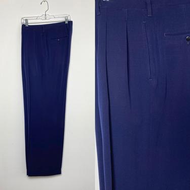 1940s 40s Slacks Blue Gabardine Trousers with Pleats and Cuffs 33 Waist 