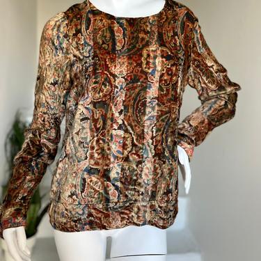 1920 Silk Velvet Earthy Muted Fanciful Print Long Sleeve Tunic Blouse 36 Bust Antique Vintage 