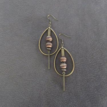 Bronze hoop earrings, bohemian earrings, rustic boho earrings, artisan ethnic earrings, tear drop hoop earrings, carved wood earrings 