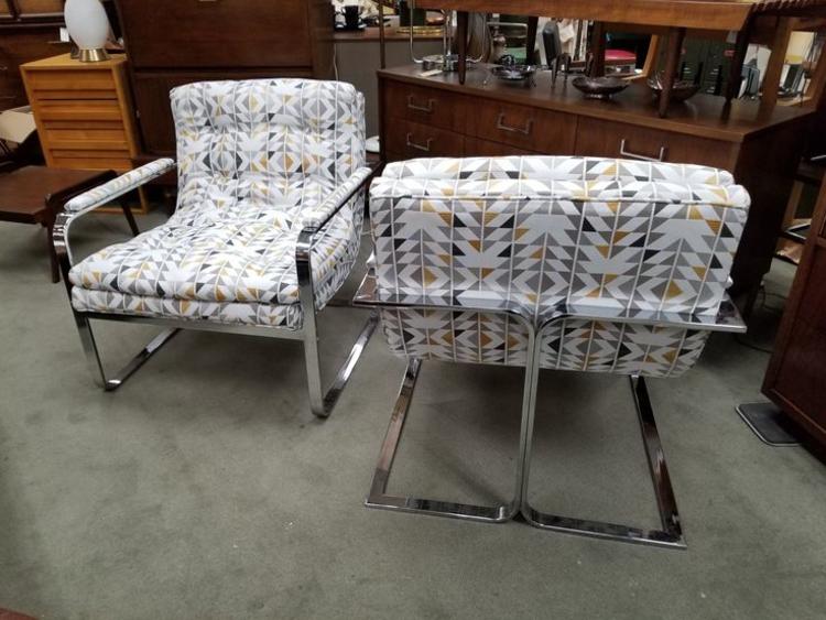 Pair of Mid-Century Modern chrome armchairs with new upholstery