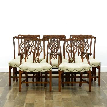 Set Of 8 Baker Chippendale Style Silk Dining Chairs 
