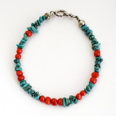 Classic 60's turquoise coral 925 silver hippie bracelet, Southwestern sterling blue nuggets hand carved red beads stacker 