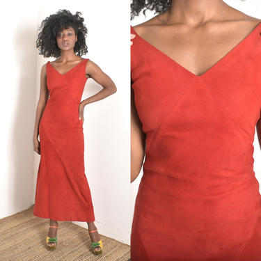 Vintage 1970s Dress / 70s Suede Maxi Dress / Rust ( XS S ) 