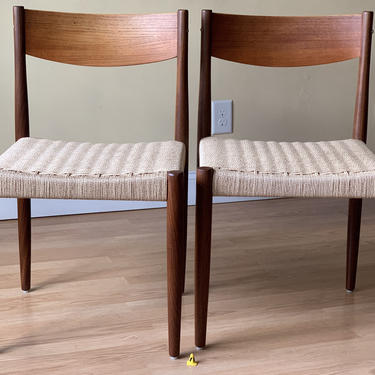 Two Poul Volther for Frem Rojle Teak/Afrormosia Dining Chairs, New Danish Paper Cord, newly woven. 