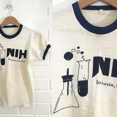 Vintage NIH Blue Tshirt Bethesda Maryland MD Diamond Ringer Tee T-Shirt Shirt Short Sleeve National Institutes of Health Women's Small Worn 