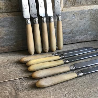French Horn Handle Knife Set, Fine Silverware, Flatware, Silver Plate, Egg and Dart, Set of 10, Chateau Decor 