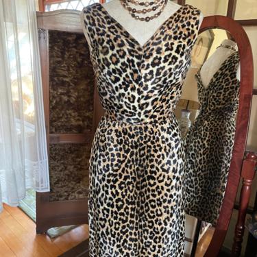Vintage 1950s 60s Leopard Cat Print Faux Fur Wiggle Dress - Small 