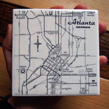 1964 Atlanta Georgia Map Coaster Ceramic. Vintage Atlanta Map Décor. Georgia Gift. State Capitol Gift. Emory University. Peachtree Street. 