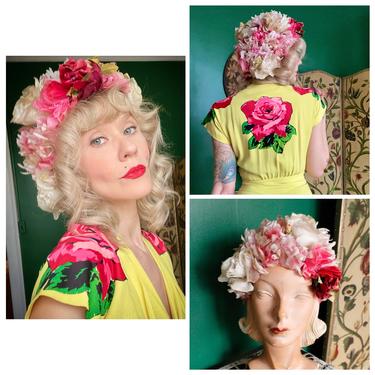 1960s Floral Hat // Bright Pink & White Rose Hat // vintage 60s hat 