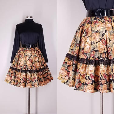 Vintage Floral Circle Skirt, Medium / Full Square Dance Skirt / Flared Mexican Skirt / Ruffled Prairie Skirt / Elastic Waist Patio Skirt 