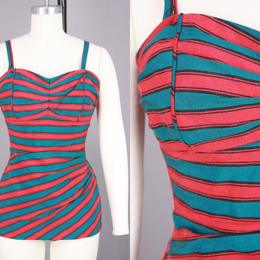 1950s Striped SWIMSUIT | Vintage 50s Red, Black, & Green One Piece Bathing Suit | small 