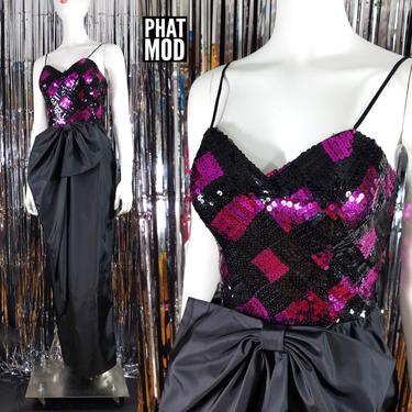 GORGEOUS Vintage 80s Black &amp; Magenta Pink Checker Sequin Party Dress with Bow 