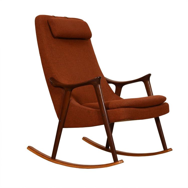 Danish Modern Teak Burnt Orange Rocking Chair