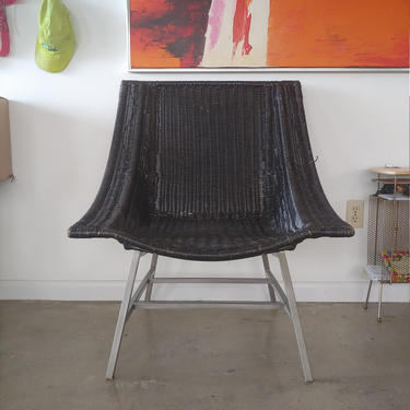 Vintage Modern Black Wicker Lounge Chair on Metal Base 