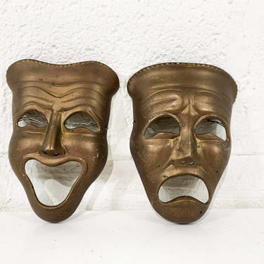 True Vintage Brass Theater Faces Masks Comedy Tragedy Smile Now Cry Later Decor Accents Wall Plaque Sculpture MCM Mid-Century Happy Sad 