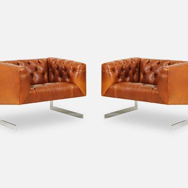Milo Baughman Cantilever Steel & Leather Tufted Lounge Chairs for Thayer Coggin