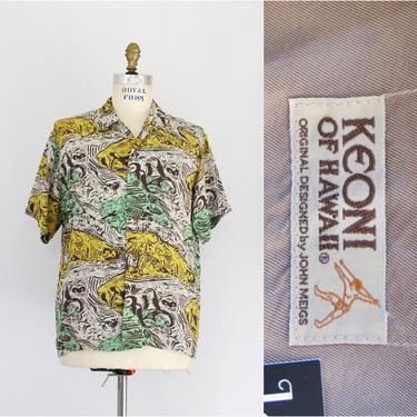 KEONI Of HAWAII John Meigs by Sun Surf 40s Retro Rayon Shirt, Vintage 1940s Inspired Paul Gauguin Woodcut Print, Tiki Rockabilly Mens Medium 