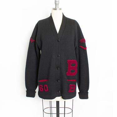 Vintage 1960s Varsity Sweater - Black Red Wool Knit 'Marilyn' Ballard Letterman Cardigan 60s - Medium 