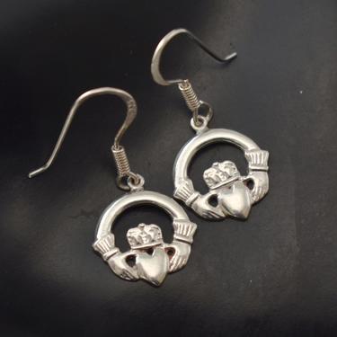 Dainty 70's 925 silver claddagh friendship dangles, sterling traditional Irish love & loyalty hands and heart earrings 