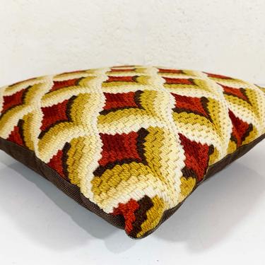 Vintage Needlepoint Geometric Pillow Brown Tan Square Accent 1970s 70s Home Decor Throw Sofa Couch 