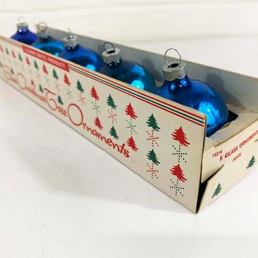 Vintage Christmas Ornaments Shiny Brite Glass Blue Painted Shiny-Brite 1950s Ornament Tree Decoration Xmas Mid-Century Iredescent Set 5 Box 