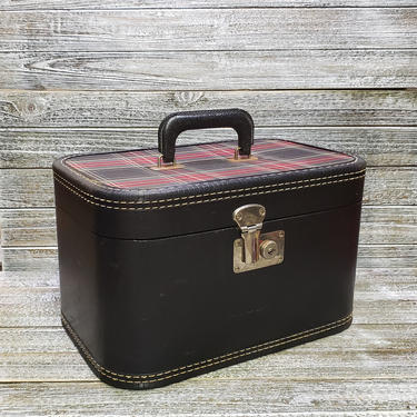 Vintage Train Case, Tartan Plaid Luggage, Mid Century Modern, Red &amp; Black Plaid Suitcase, Overnight Carry On, Travel Case, Vintage Luggage 