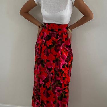 70s velvet maxi skirt / vintage hand made red mod floral print cotton velvet hostess maxi skirt | 26 W 