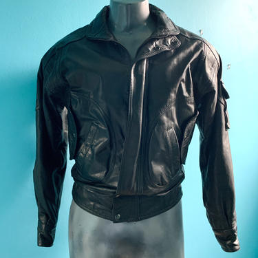 Black Leather Bomber Jacket, Motorcycle, Tons of Pockets, Moto, Vintage 