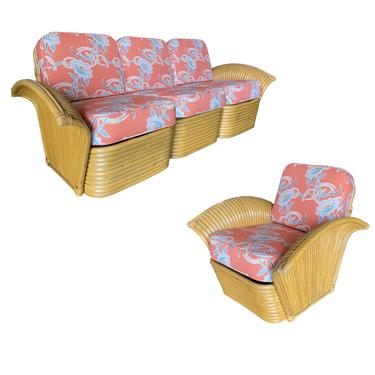 Restored &quot;Golden Girls&quot; Art Deco Rattan Fan Arm Three-Seat Sofa & Lounge Chair Livingroom Set 