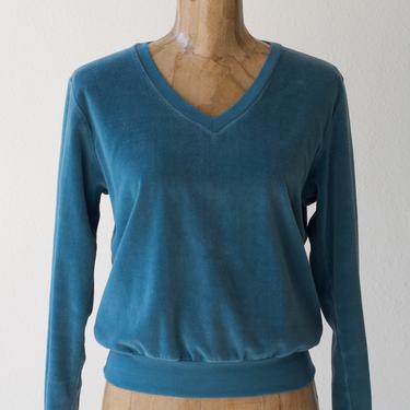 70s Vintage Cerulean Blue Velour V-neck Sweatshirt by Zado, Fuzzy Velvet Teal Cotton/Polyester Blend Pullover Sweater Long Sleeve Solid M 