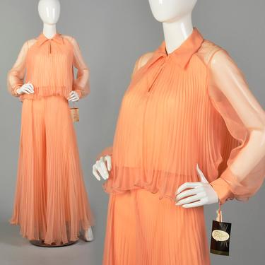 Small 1970s Palazzo Pants Outfit Orange Chiffon Long Sleeve Top High Waisted Wide Leg Trousers 