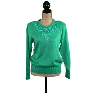 80s Shoulder Pad Bright Green Sweater Women Medium, Dressy Bead &amp; Lace Embellished, Knit Oversized Pullover, 1980s Clothes Vintage Clothing 