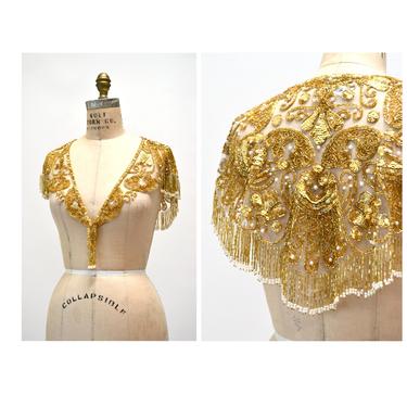 90s Vintage Gold Beaded Pearl Shawl Wrap Burlesque Wedding Flapper Gold Metallic Beaded Vintage Fringe Shawl GOld White Pearl Sharmark 