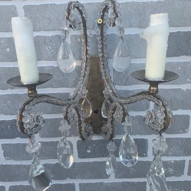 Louis XIV Style Dennis and Leen Lead Crystal Gold Beaded Sconces - Pair