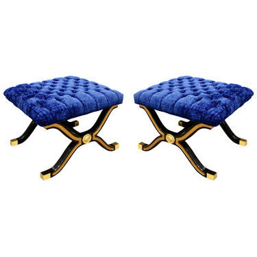 Dorothy Draper Pair of Espana Benches in Black Lacquer with Gilding 1940s
