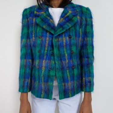 PLAID MOHAIR BLAZER Vintage Jacket Blue Green Yellow Preppy Colorful Bright 90's / Small 