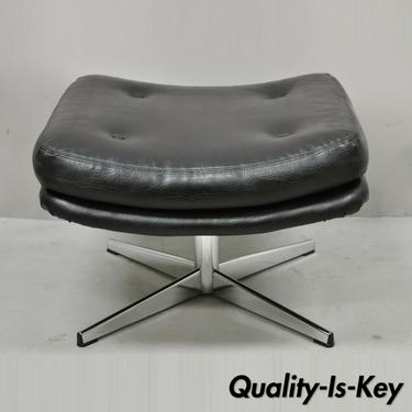 Vintage Overman Swivel Black Vinyl Ottoman Footstool Chrome Base to Egg Chair