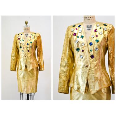 80s 90s Vintage Gold Metallic Rhinestone Leather Suit Jacket Skirt Set Lillie Rubin Medium Large 80s Glam Gold Studded Leather Jacket Skirt 