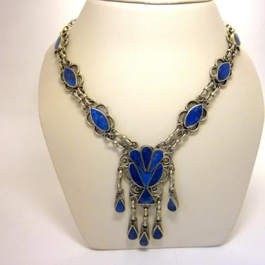 Vintage Bohemian Chic Art Nouveau Style Lapis Lazuli Blue Natural Stone Inlay and Unmarked Silver Tone Filigree Necklace 