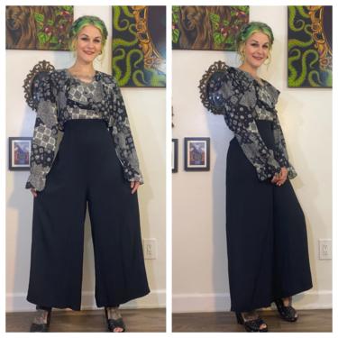 Vintage 1990’s Black and white Chiffon Jumpsuit with Sheer Top and Solid Pants. 