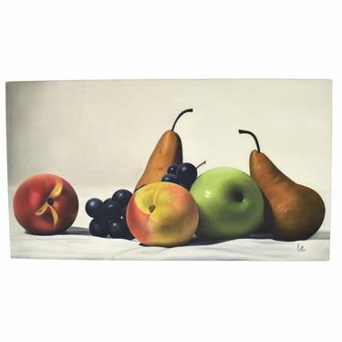 Huge Michel Pellus Photo Realist Still Life w Fruit Oil Painting 