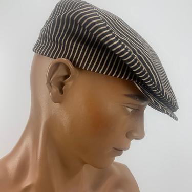 1950'S-60'S NEWSBOY CAP - Cotton Striped Fabric - Satin Lining - Leather Sweatband - Size 7-3/8 