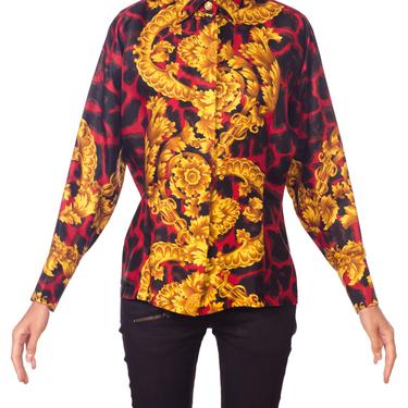1990S GIANNI VERSACE Red Leopard Baroque Silk Shirt 