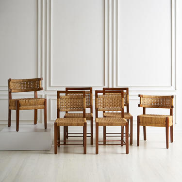 Set of Six Rush and Wood European Dining Chairs